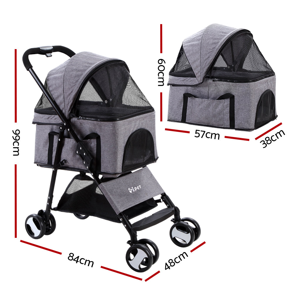 Pet Stroller Dog Pram | Cat Carrier Travel Large Pushchair Foldable 4 Wheels Grey
