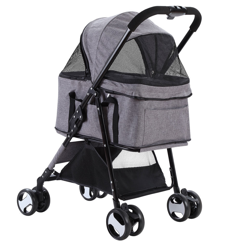 Pet Stroller Dog Pram | Cat Carrier Travel Large Pushchair Foldable 4 Wheels Grey