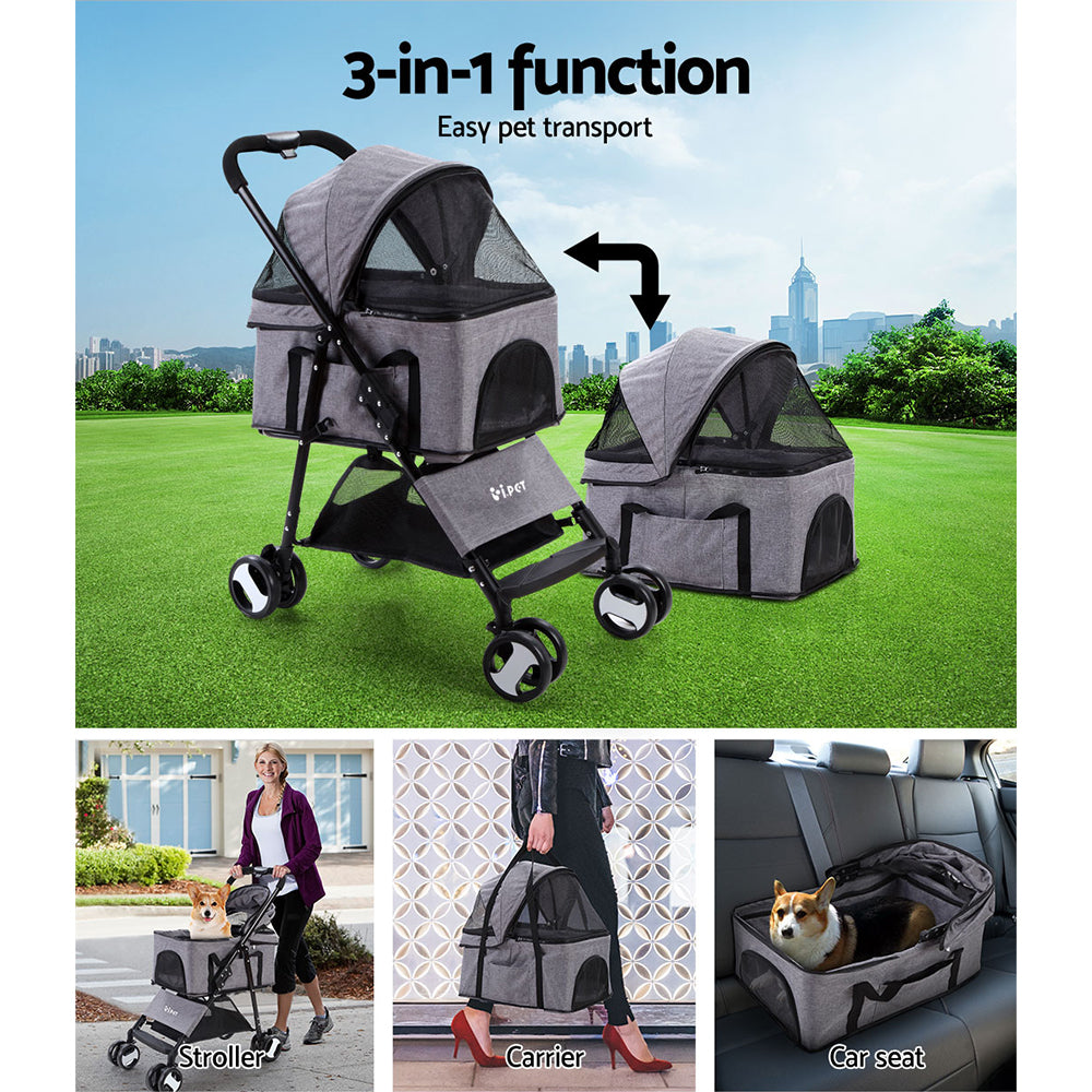 Pet Stroller Dog Pram | Cat Carrier Travel Large Pushchair Foldable 4 Wheels Grey