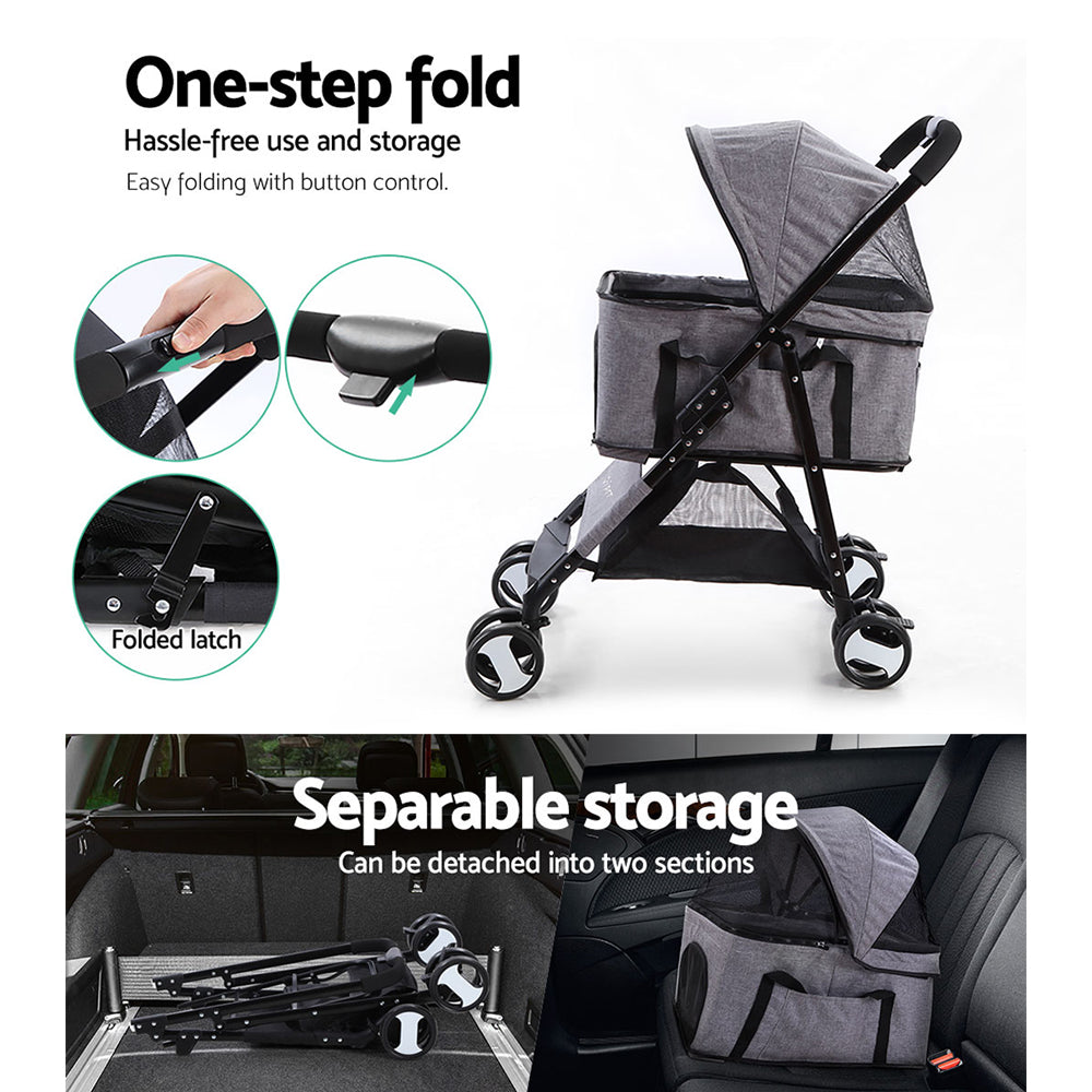 Pet Stroller Dog Pram | Cat Carrier Travel Large Pushchair Foldable 4 Wheels Grey