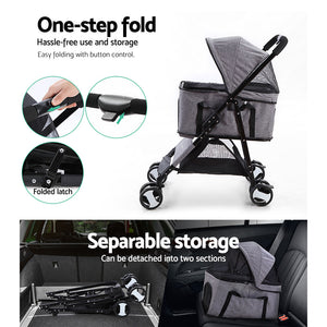 Pet Stroller Dog Pram | Cat Carrier Travel Large Pushchair Foldable 4 Wheels Grey