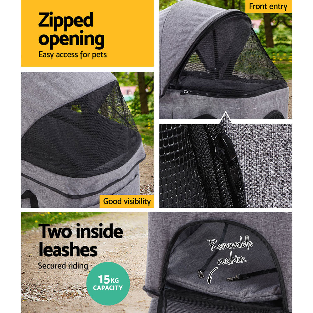 Pet Stroller Dog Pram | Cat Carrier Travel Large Pushchair Foldable 4 Wheels Grey