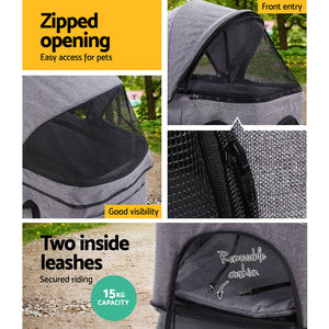 Pet Stroller Dog Pram | Cat Carrier Travel Large Pushchair Foldable 4 Wheels Grey