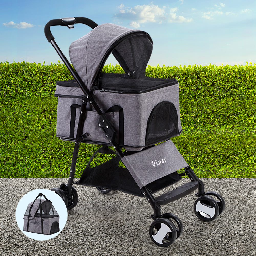 Pet Stroller Dog Pram | Cat Carrier Travel Large Pushchair Foldable 4 Wheels Grey