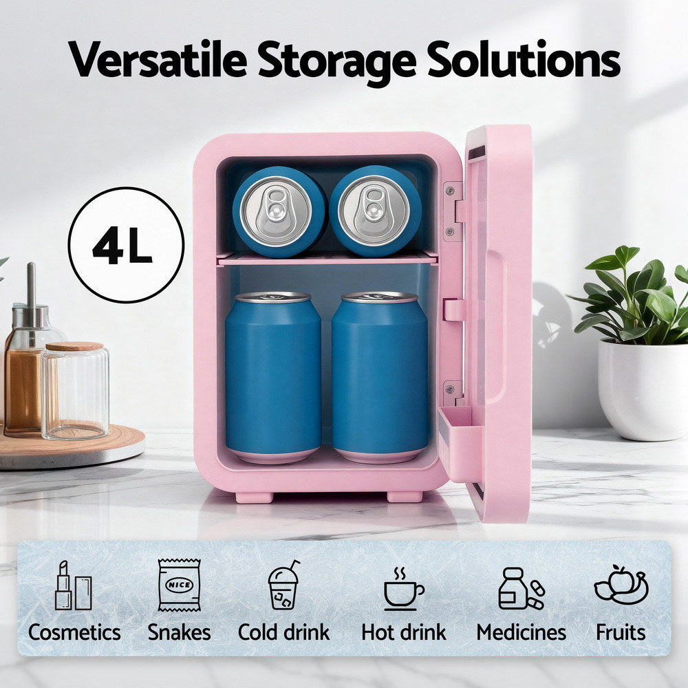 Skincare Mini Fridge | 4L | LED Mirror Door | Cooler & Warmer | 12V/220V | Pink