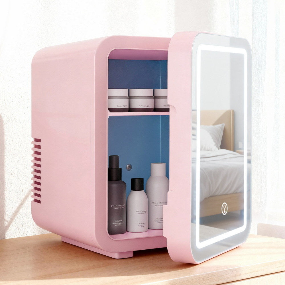 Skincare Mini Fridge | 4L | LED Mirror Door | Cooler & Warmer | 12V/220V | Pink
