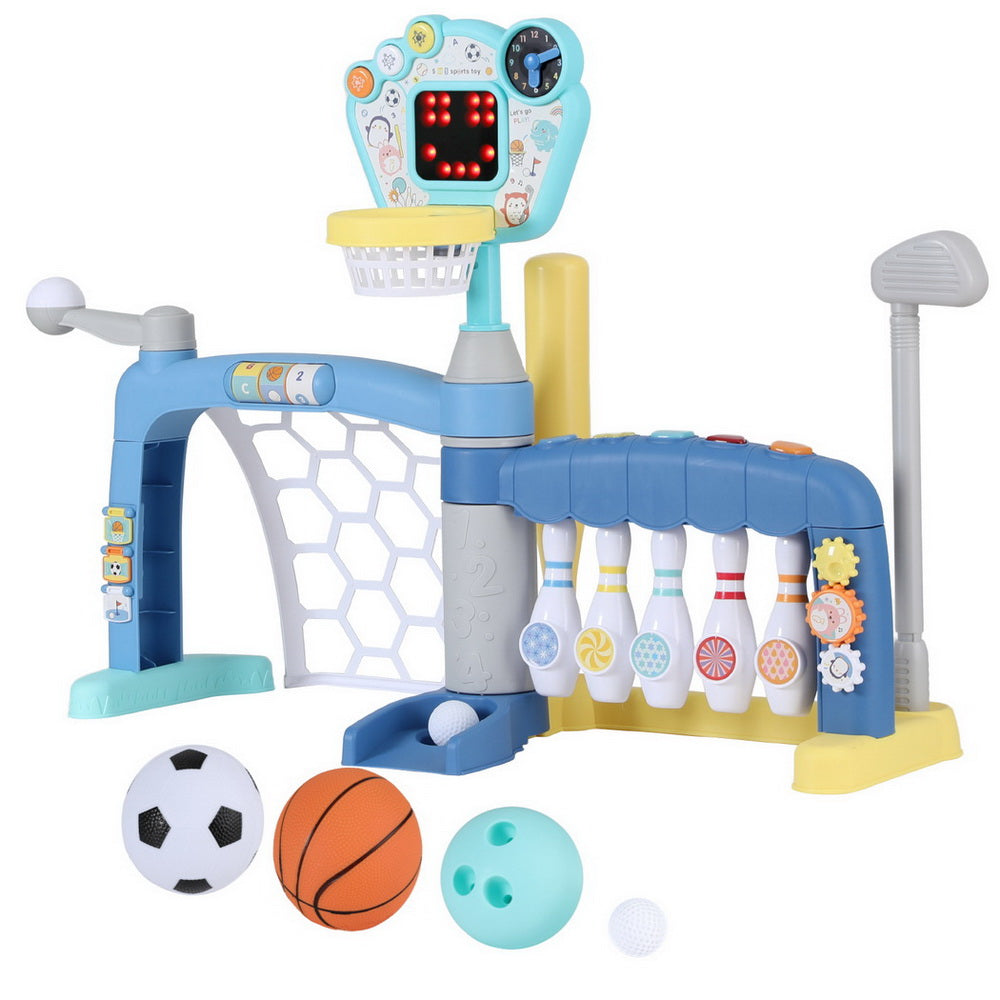 Keezi Sports Toy Set | Kids Basketball, Bowling, Baseball & Golf | Multi-Game Stand | Blue