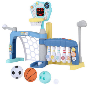 Keezi Sports Toy Set | Kids Basketball, Bowling, Baseball & Golf | Multi-Game Stand | Blue