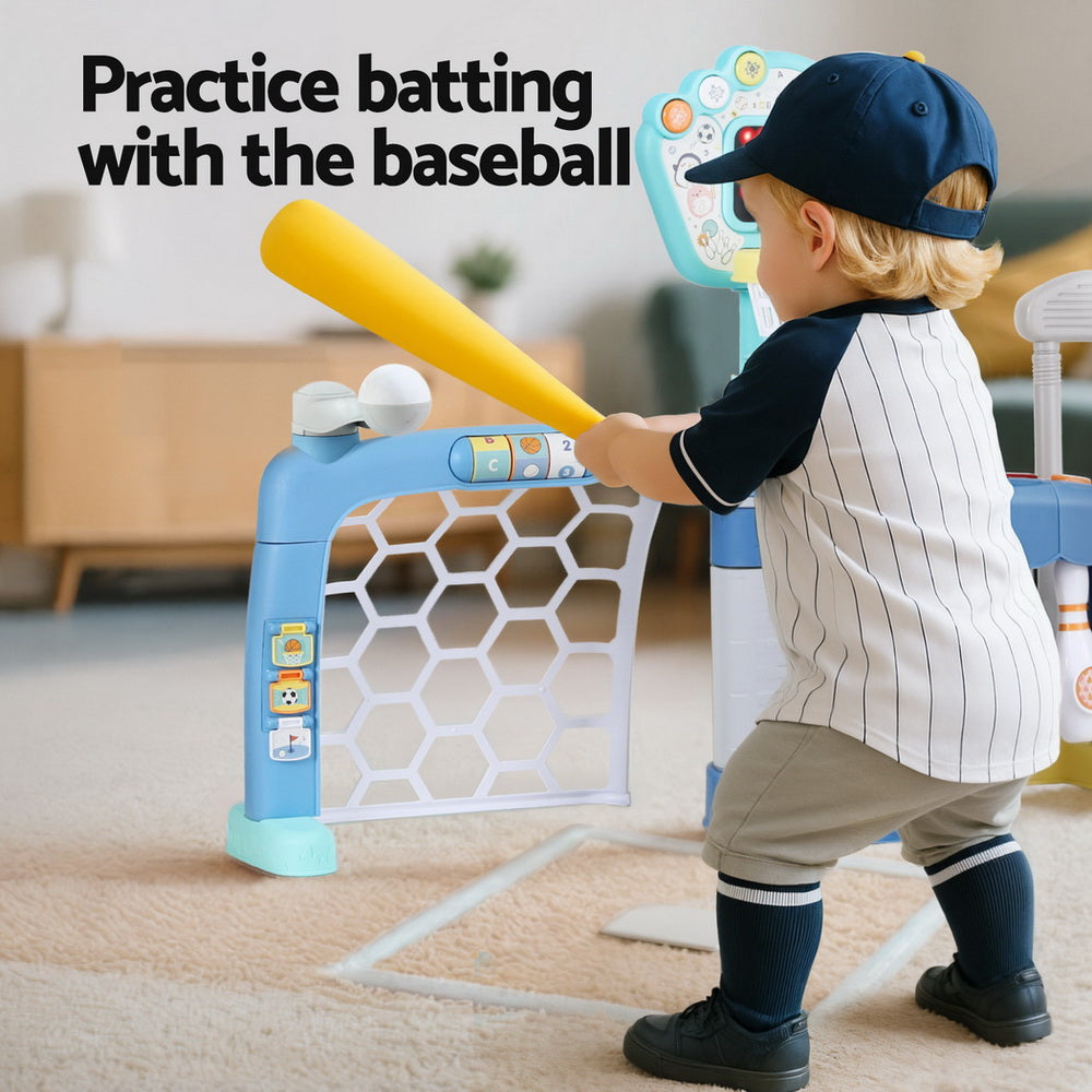 Keezi Sports Toy Set | Kids Basketball, Bowling, Baseball & Golf | Multi-Game Stand | Blue