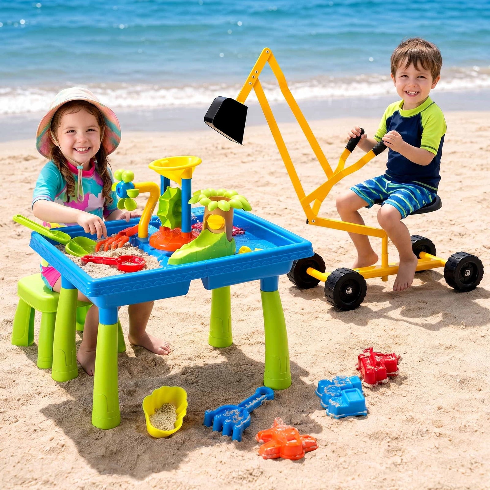 Kids Ride On Digger | Sand & Water Table Sandpit Toy Set