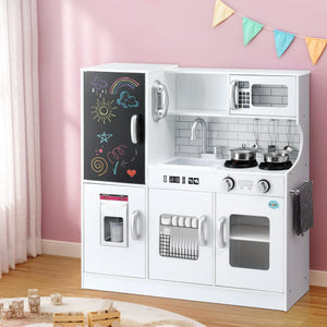 Wooden Kitchen Play Set 80cm | Pretend Cooking Toy with Pot, Ice Cup & Blackboard | White