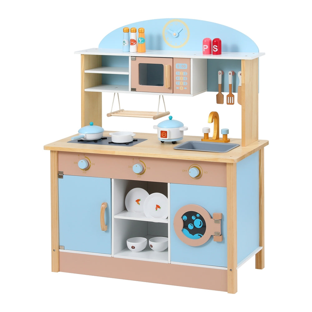 Wooden Pretend Kitchen Playset | Cooking Toys | Pot Pan Bowls Oven Dishwasher | 80CM Blue