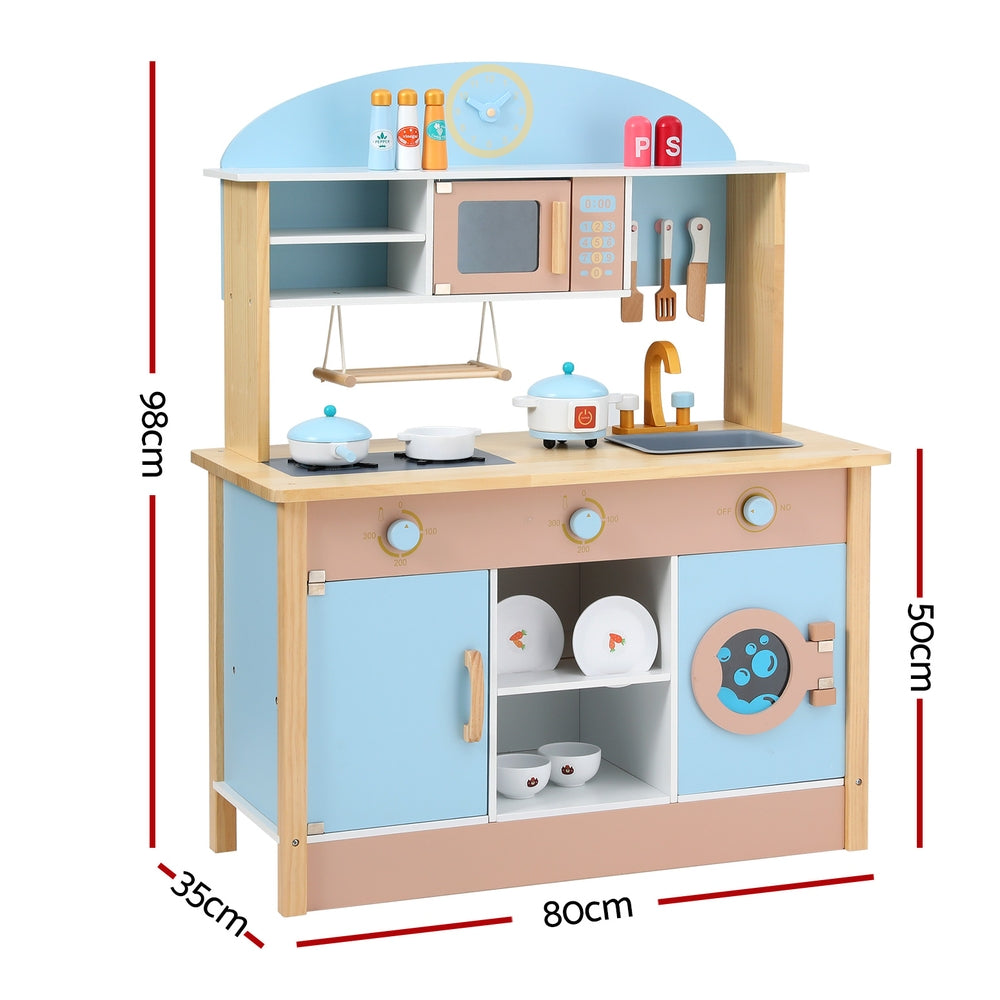 Wooden Pretend Kitchen Playset | Cooking Toys | Pot Pan Bowls Oven Dishwasher | 80CM Blue