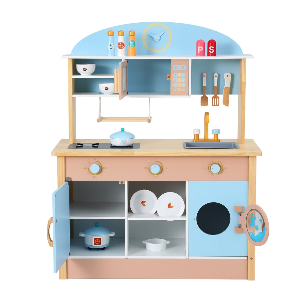 Wooden Pretend Kitchen Playset | Cooking Toys | Pot Pan Bowls Oven Dishwasher | 80CM Blue