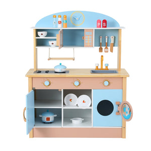 Wooden Pretend Kitchen Playset | Cooking Toys | Pot Pan Bowls Oven Dishwasher | 80CM Blue