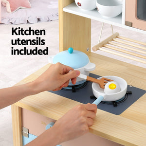 Wooden Pretend Kitchen Playset | Cooking Toys | Pot Pan Bowls Oven Dishwasher | 80CM Blue