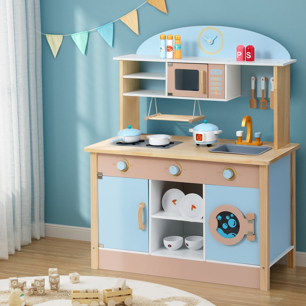 Wooden Pretend Kitchen Playset | Cooking Toys | Pot Pan Bowls Oven Dishwasher | 80CM Blue