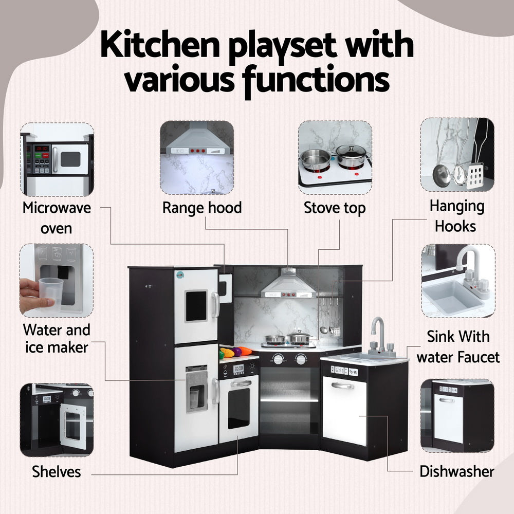 Wooden Kitchen Play Set | Pretend Cooking with Lights & Sounds | Black