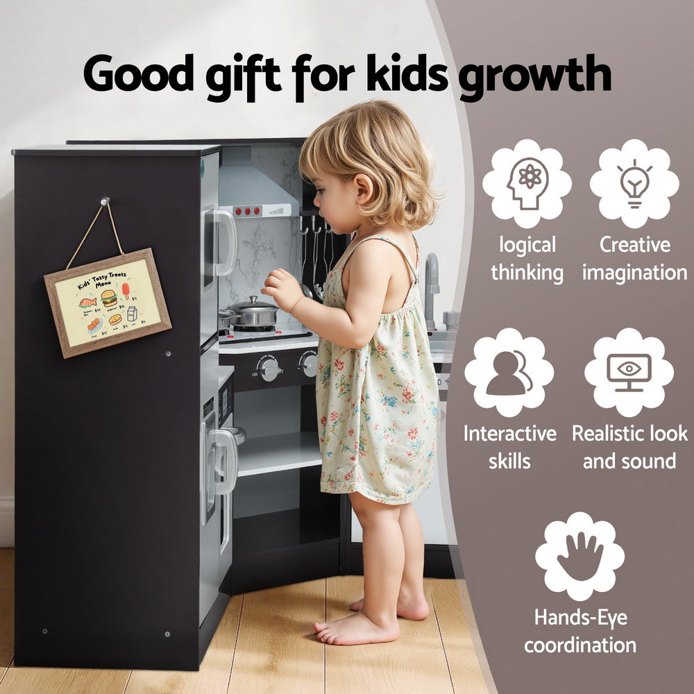 Wooden Kitchen Play Set | Pretend Cooking with Lights & Sounds | Black