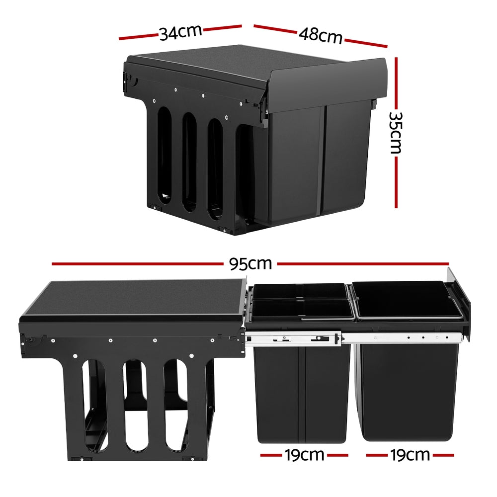Cefito Pull-Out Bin | Kitchen Rubbish Slide Basket | Triple Slide | 31L | Black
