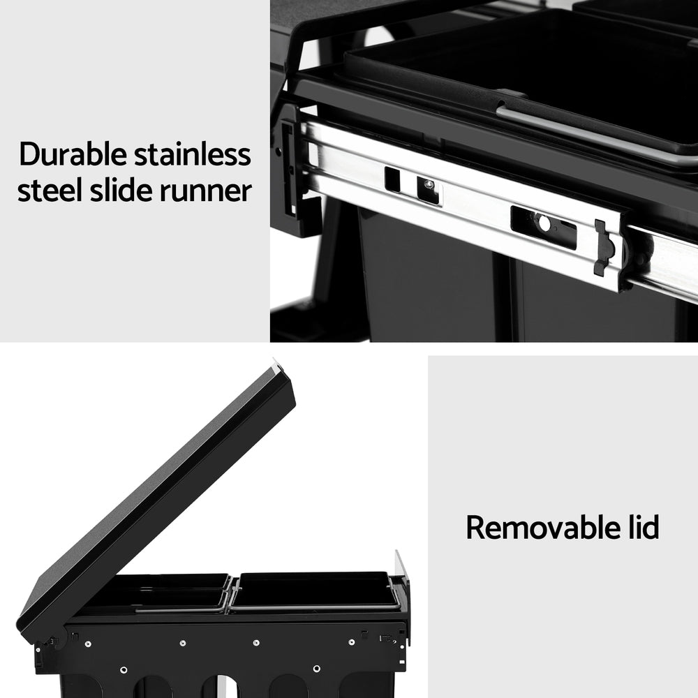 Cefito Pull-Out Bin | Kitchen Rubbish Slide Basket | Triple Slide | 31L | Black