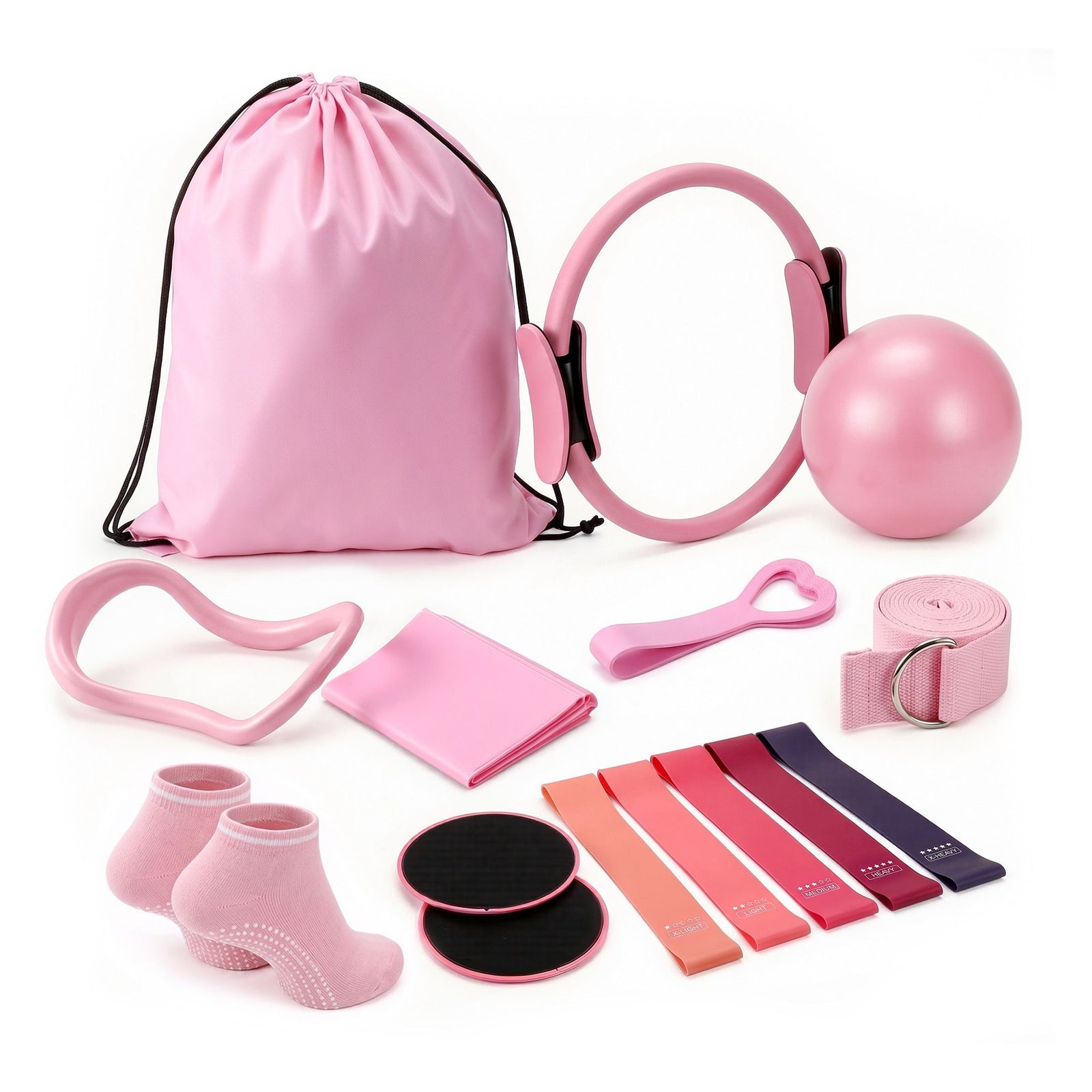 Pilates Ring Set | 15 Piece Home Workout Starter Kit | Pink