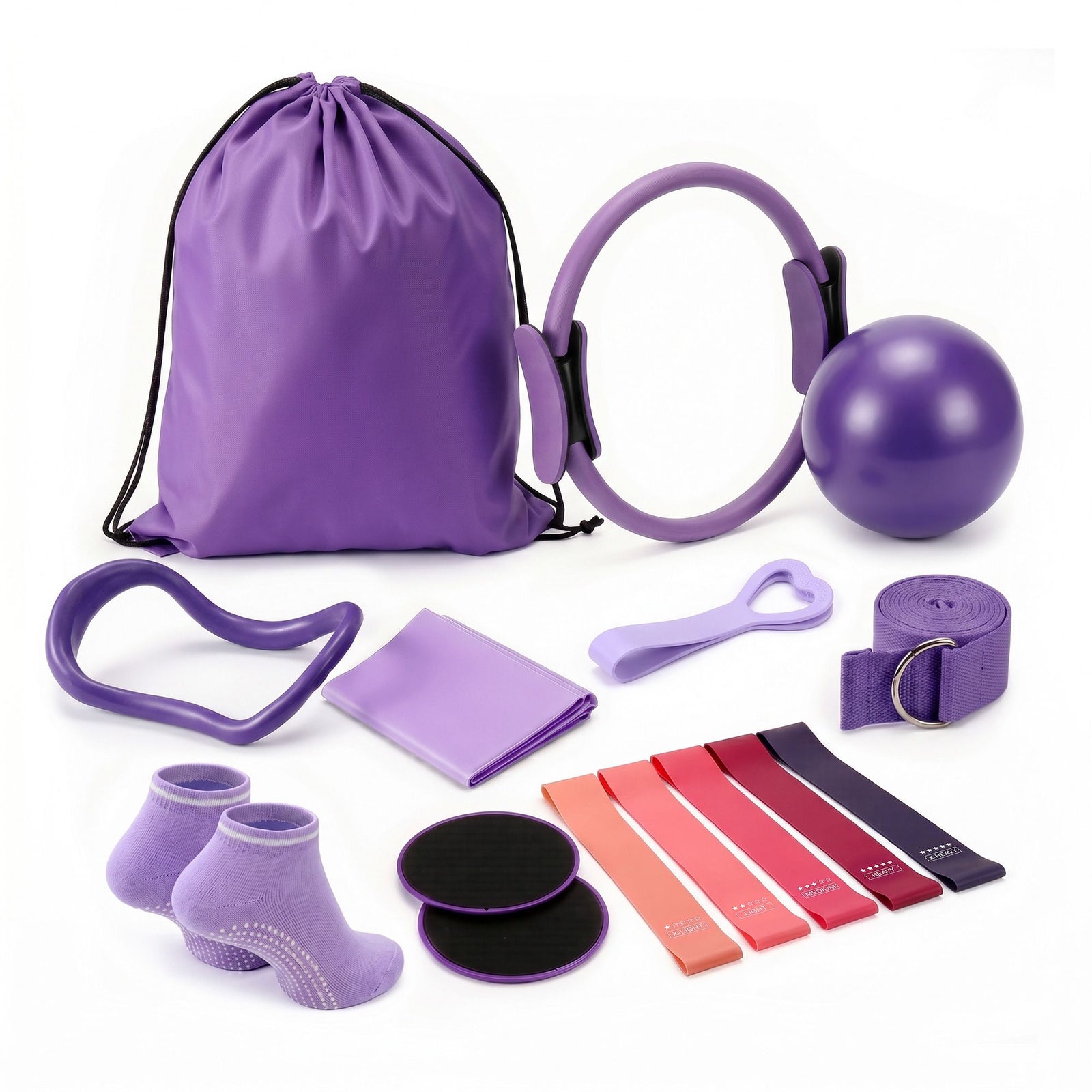 Pilates Ring Set | 15 Piece Home Workout Starter Kit | Purple