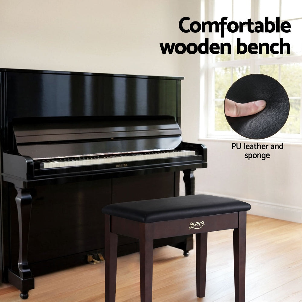 Alpha Piano Bench | Wooden Stool with Storage | PU Leather Padded Seat