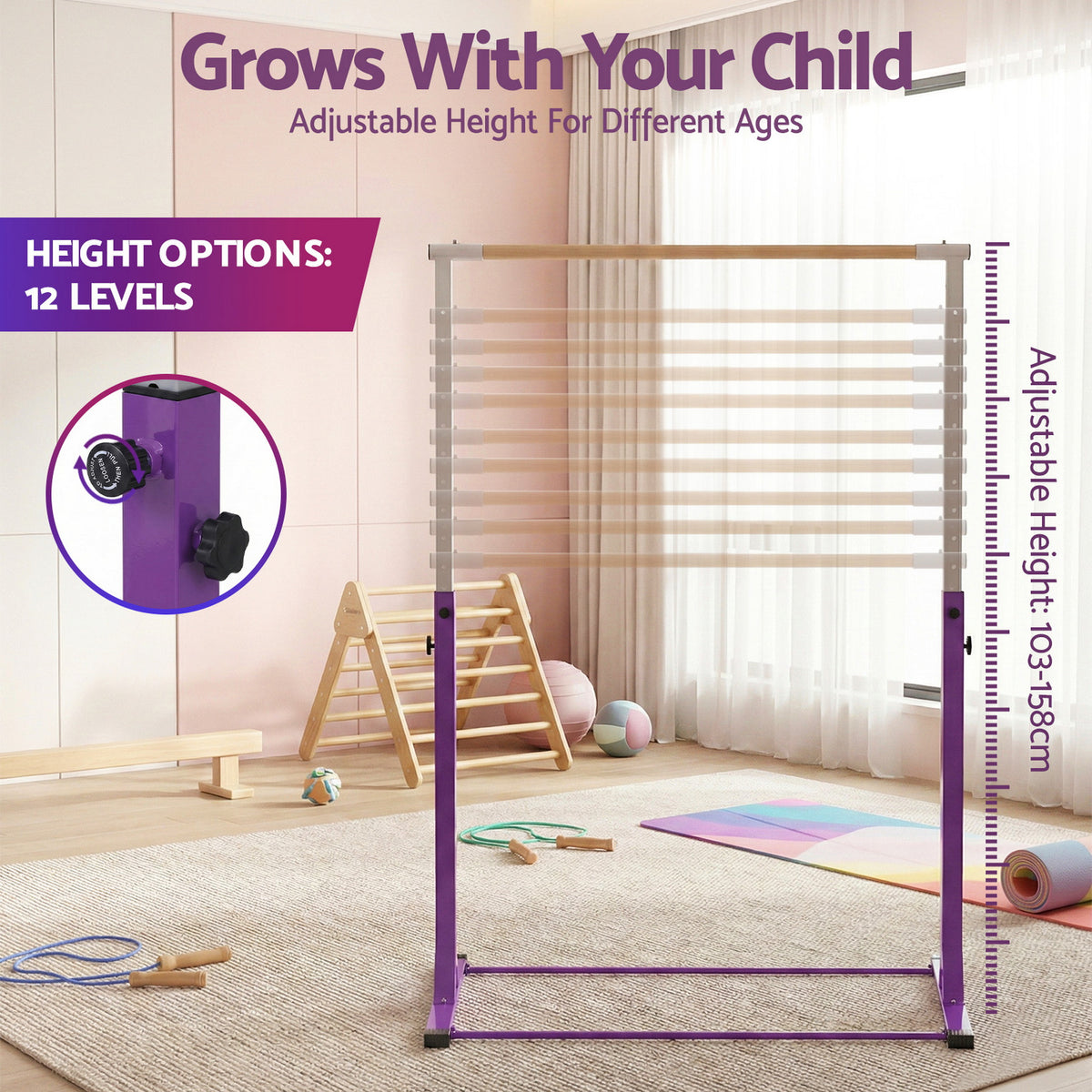 Kids Gymnastics Bar | Adjustable Pull Up Station | Indoor Outdoor