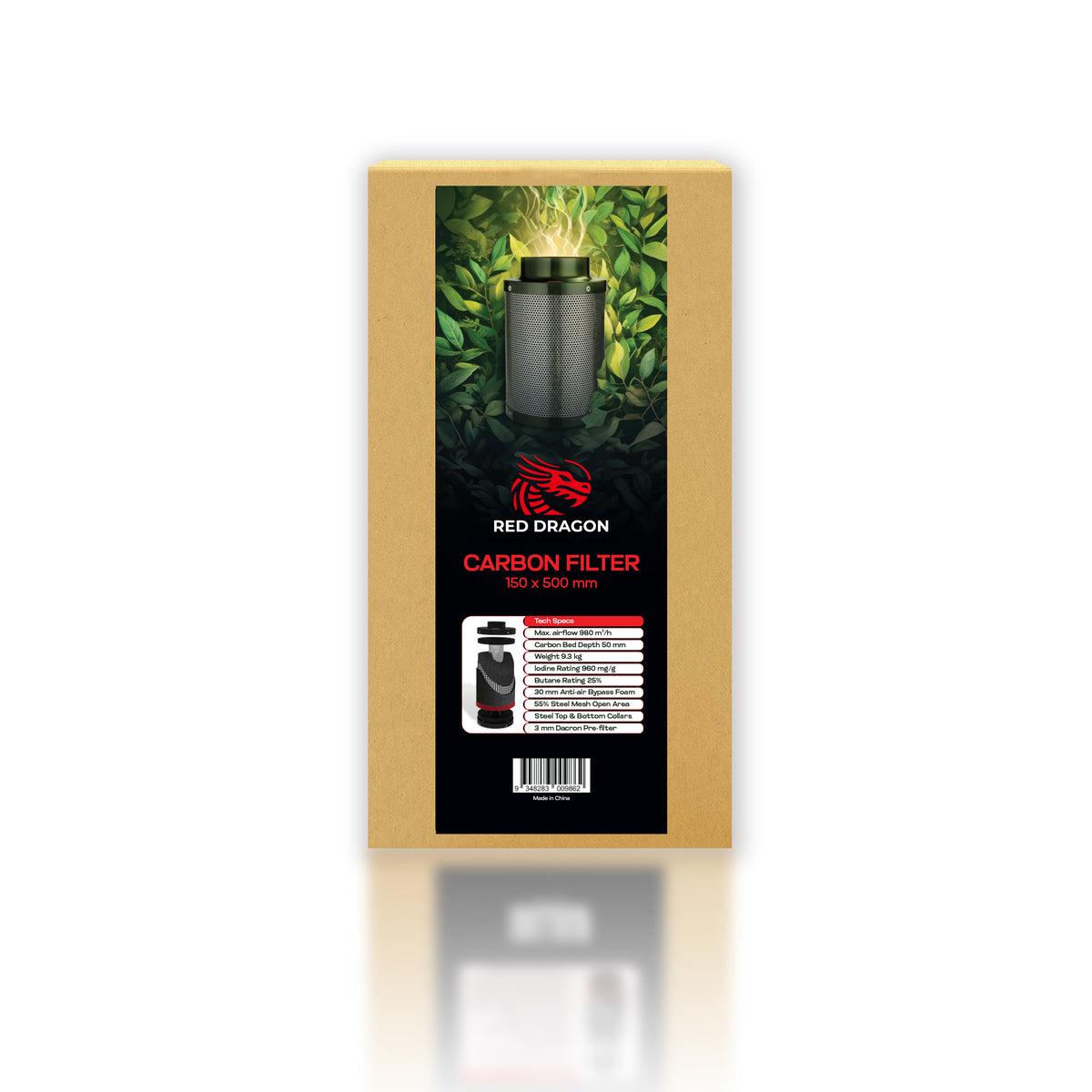 Pro Grow Dragon Series Carbon Filter 150x500mm | 980 m³/h Airflow | 50mm Carbon Bed | Steel Collars & Mesh