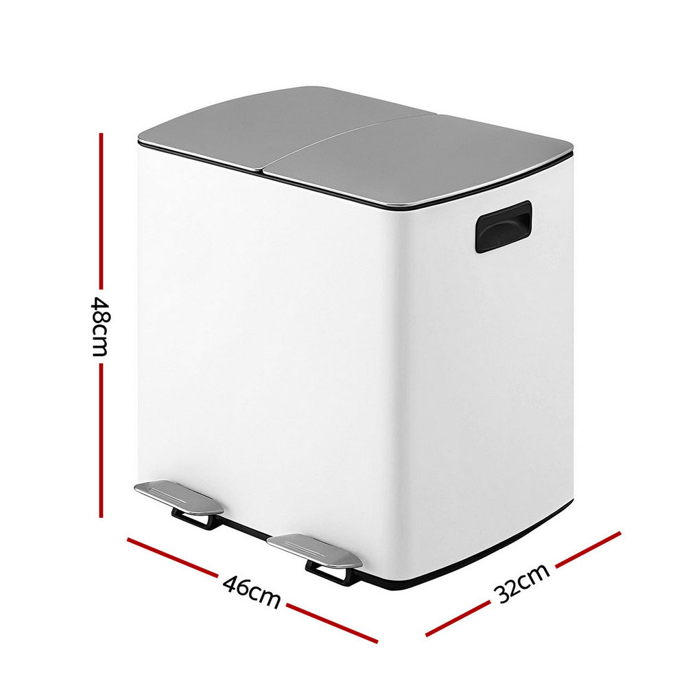Dual Compartment Pedal Bin | 40L | Waste + Recycle | White