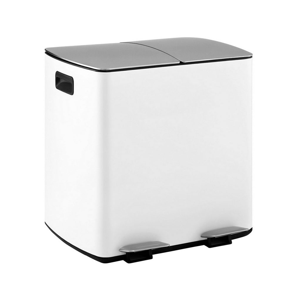 Dual Compartment Pedal Bin | 40L | Waste + Recycle | White