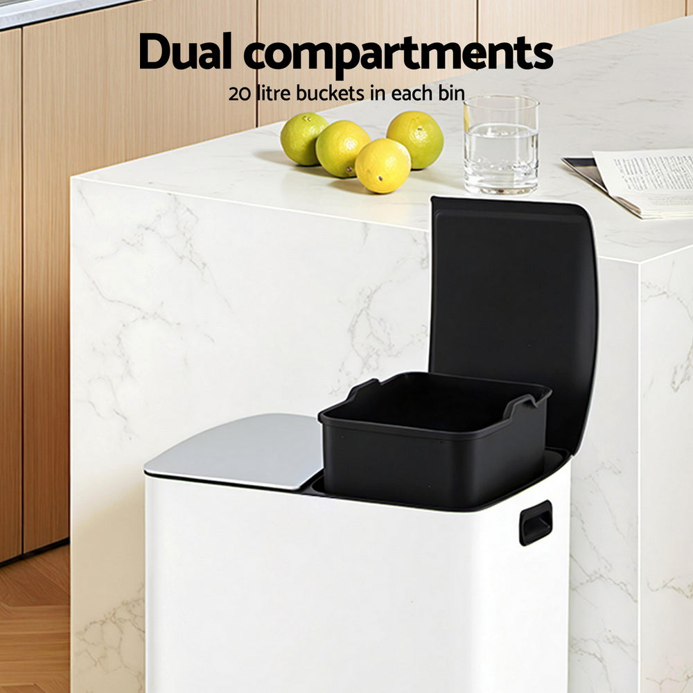 Dual Compartment Pedal Bin | 40L | Waste + Recycle | White