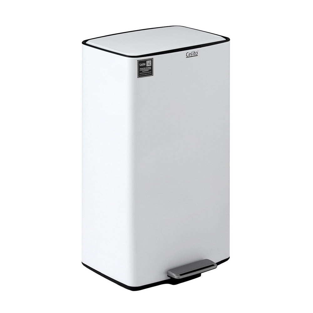 40L Pedal Bin | Kitchen Rubbish + Recycling | White