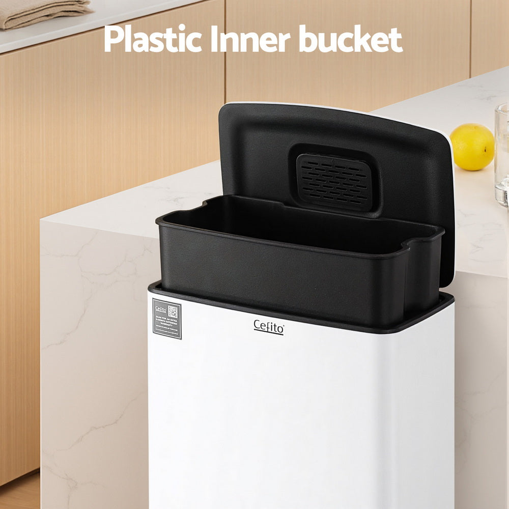 40L Pedal Bin | Kitchen Rubbish + Recycling | White