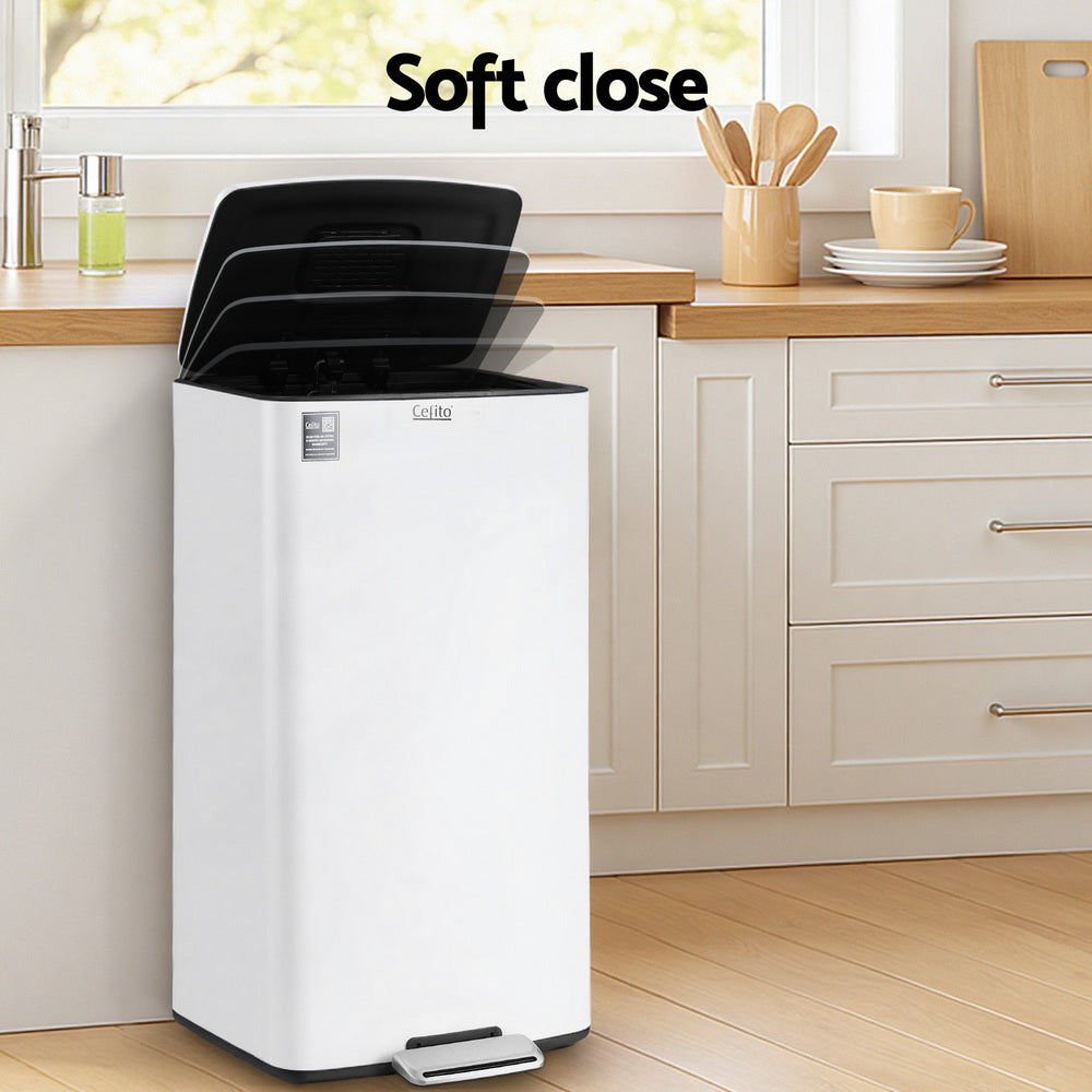 40L Pedal Bin | Kitchen Rubbish + Recycling | White