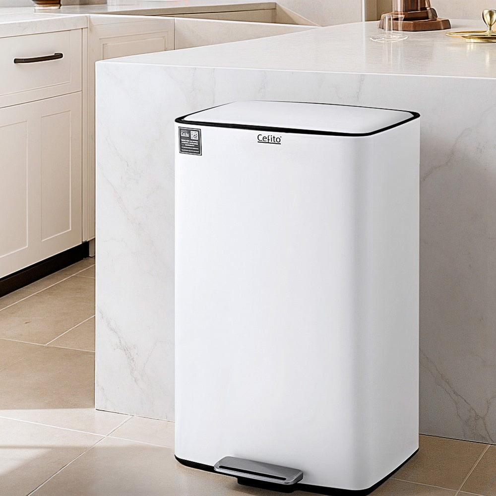 40L Pedal Bin | Kitchen Rubbish + Recycling | White