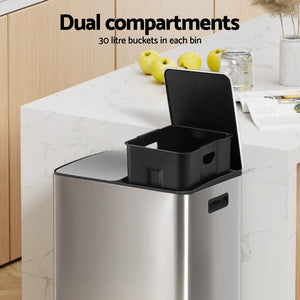 Cefito Pedal Bins Rubbish Bin Dual Compartment Waste Recycle Dustbins 60L Silver