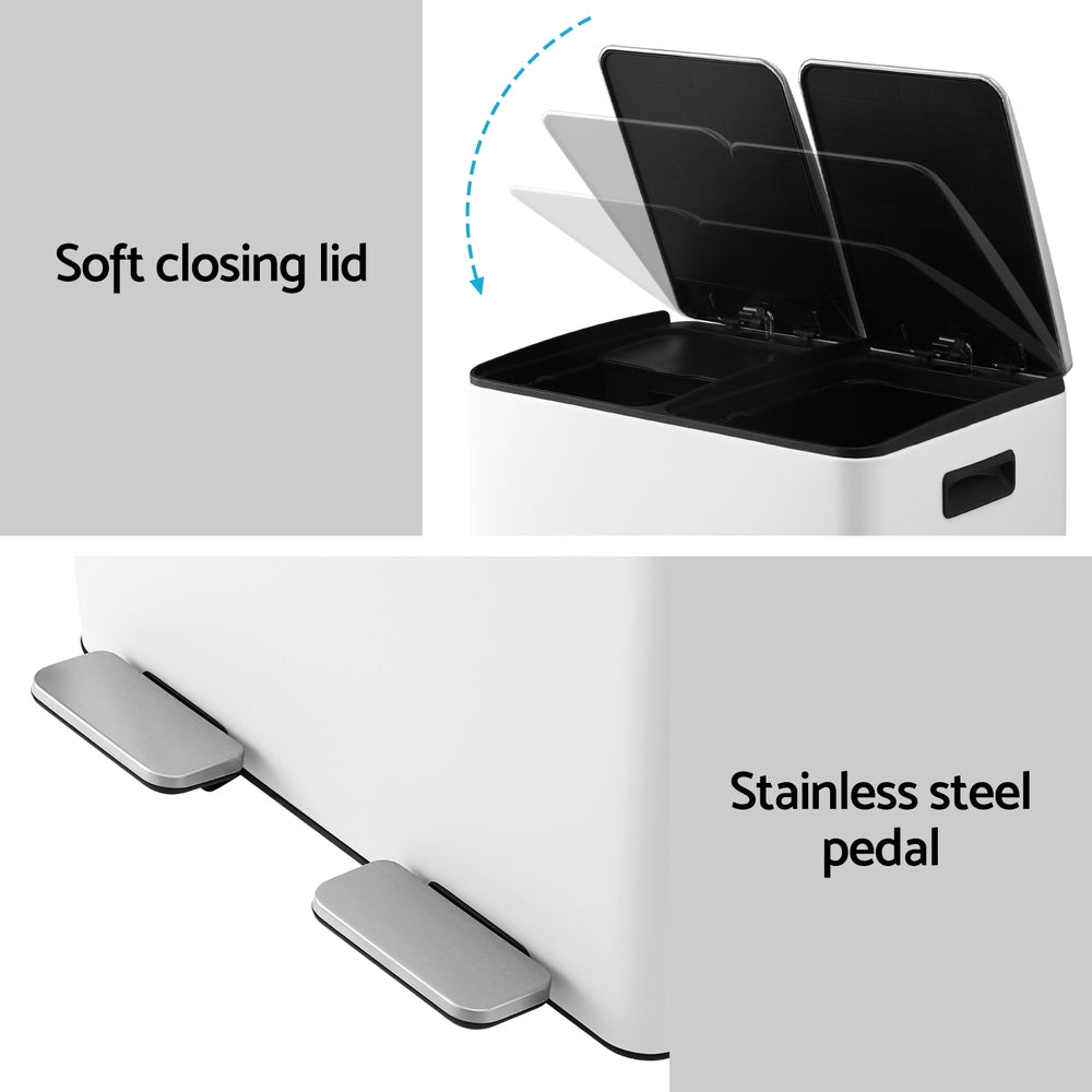 Cefito Pedal Bin | Dual Compartment | Waste & Recycle | 60L | White