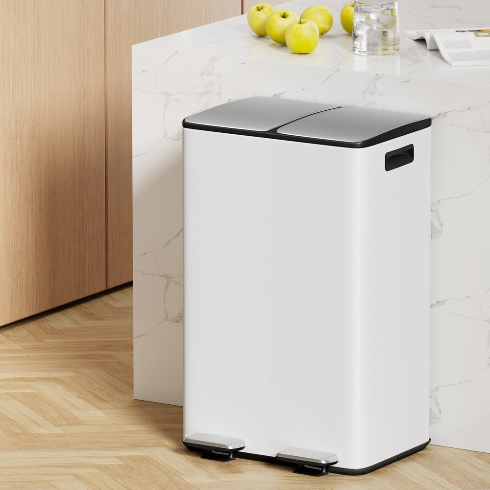 Cefito Pedal Bin | Dual Compartment | Waste & Recycle | 60L | White