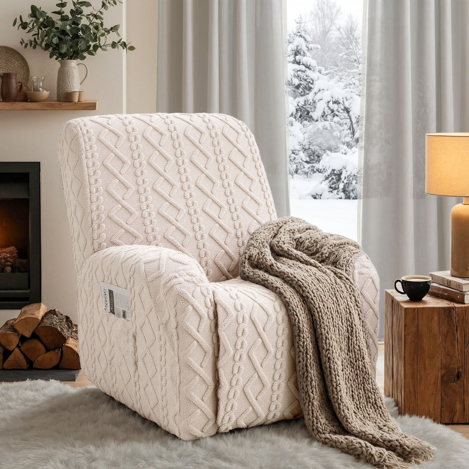 Recliner Chair Cover | Side Storage Pockets | Beige
