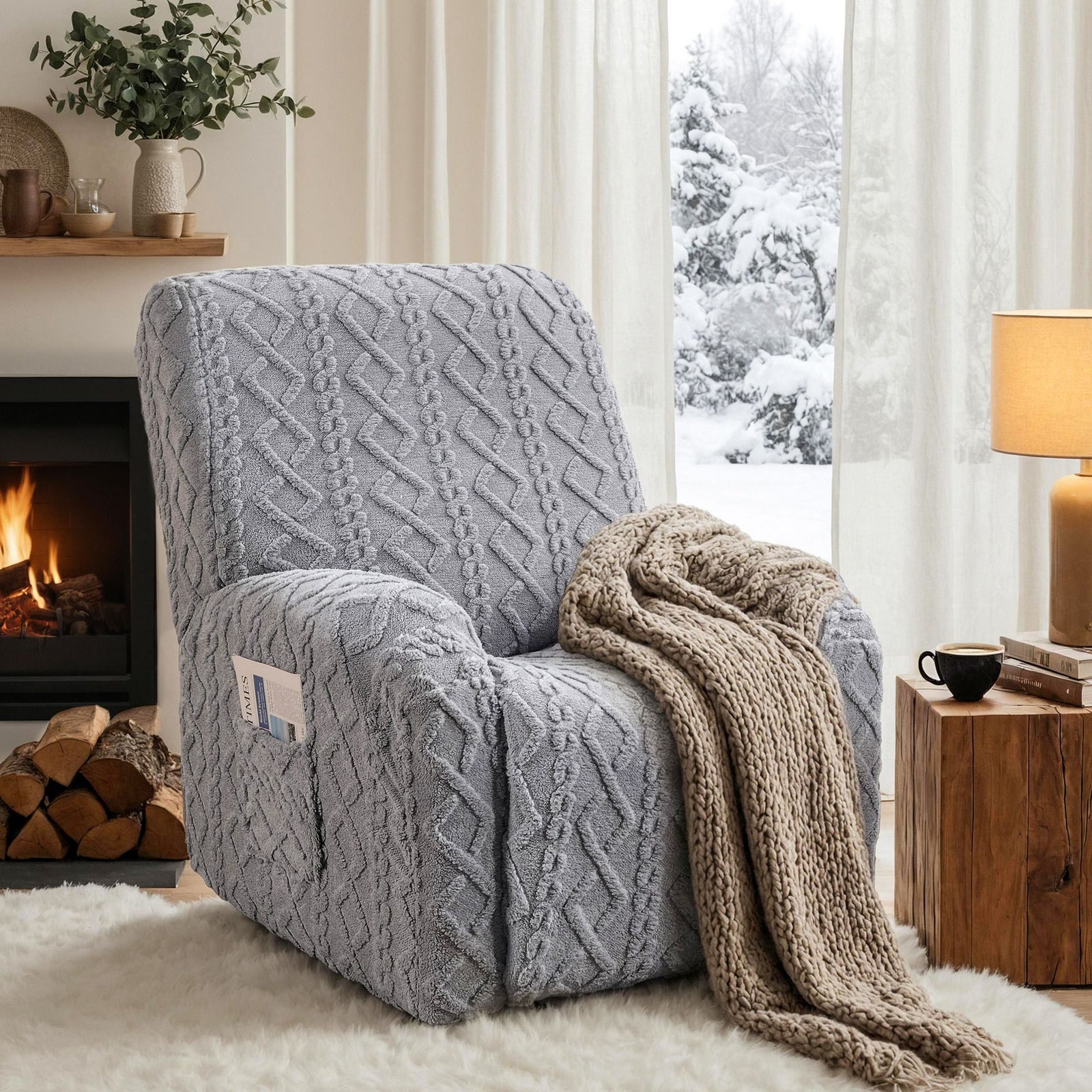 Recliner Chair Cover | Side Storage Pockets | Grey