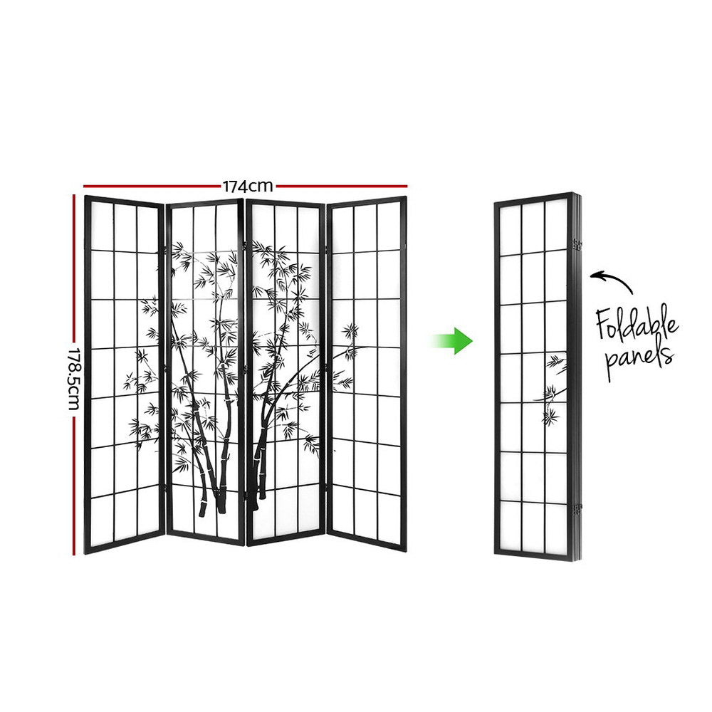 4 Panel Room Divider Screen | 174x179cm | Bamboo | Black White