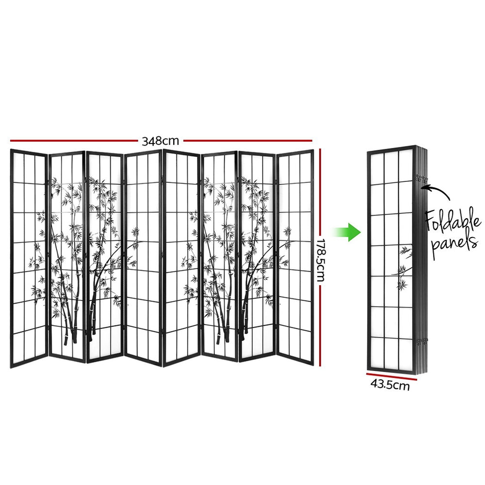 8 Panel Room Divider Screen | 348x179cm | Bamboo | Black White