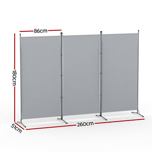 Room Divider Screen | 3 Panel | 260x180cm | Fabric | Grey