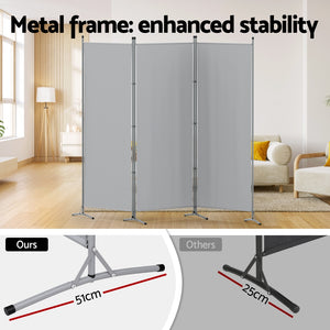 Room Divider Screen | 3 Panel | 260x180cm | Fabric | Grey