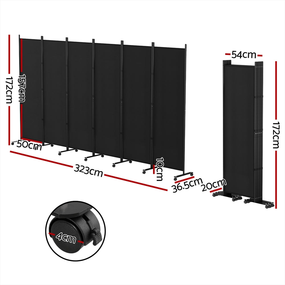 Artiss 6 Panel Room Divider Screen | 323cm | Wheel | Fabric | Black
