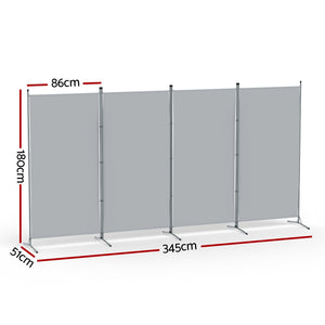Room Divider Screen | 4 Panel | 345x180cm | Fabric | Grey