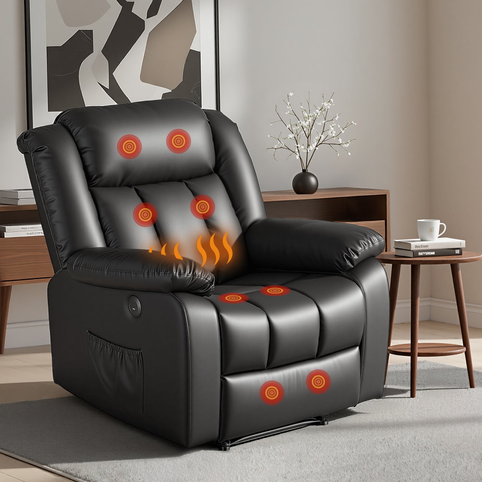 Massage Recliner Chair | Heated Leather Look Lounge with USB Ports | Black