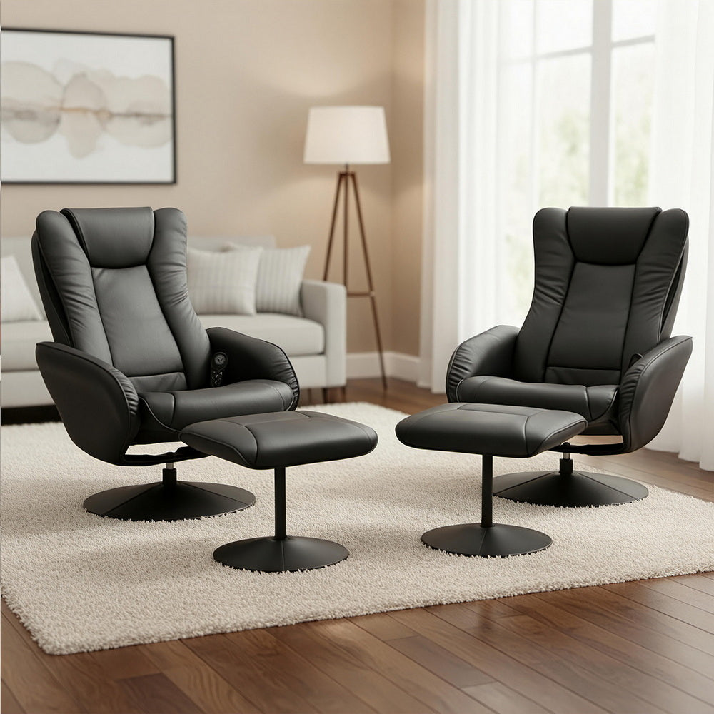 Recliner Chairs Set | Ottoman | Heated Massage | Black